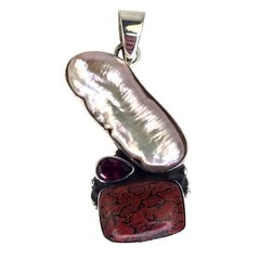 Vintage Artisan Natural Baroque Pearl Multi Gemstone Sterling Silver Pendant