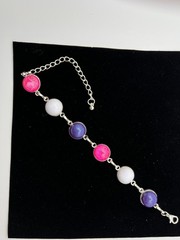 Charm bracelet 9 in. pink purple white silver plate with orange sparkle costume