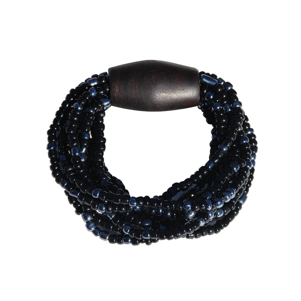 Black and Hematite Beaded 10-Strand Elastic String Bracelet with Wooden Bead