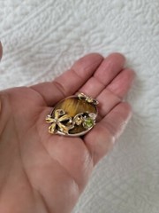 1970’s Tigers Eye Pendant in Sterling with Enamel Flowers & Gems