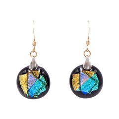 14K Yellow Gold Filled Dichroic Art Glass Dangle Earrings 1 1/2 Inch Artisan Dro