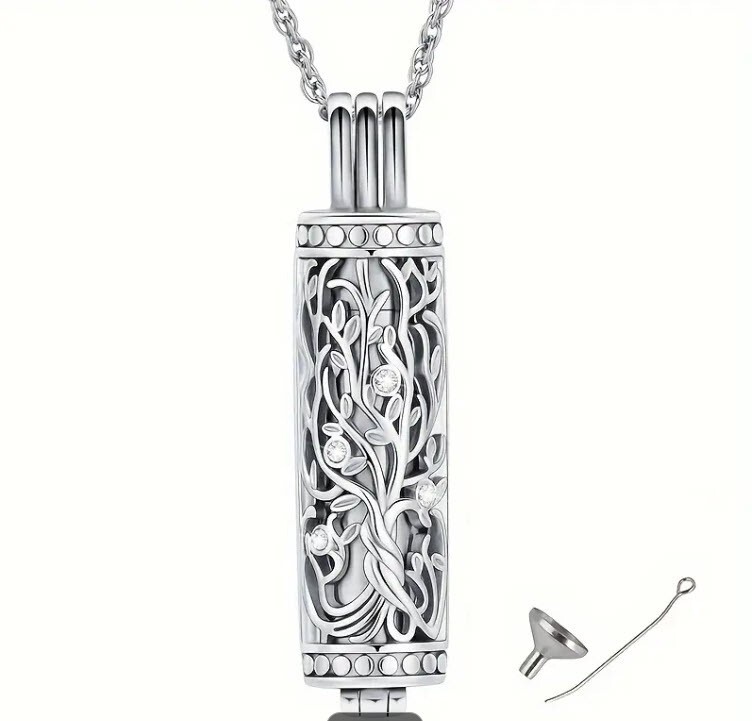 Tree of Life Cylinder Urn Pendant Necklace for Cremation Ashes Memorial Jewelry