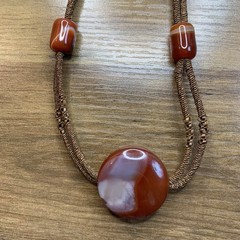 Natural Carnelian Agate Round Pendant Woven Cord Necklace With Barrel Beads
