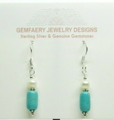 Sterling Silver Natural TURQUOISE & PEARL Dangle Earrings #5179…Handmade USA