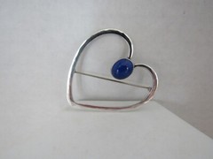 Artisan Signed STG PJ Handmade Sterling Silver Lapis Heart Pin Brooch Open