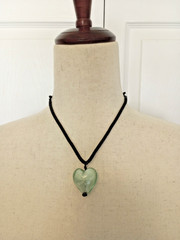 Vintage Green Murano Glass Heart Pendant Black Cord Necklace Adjustable