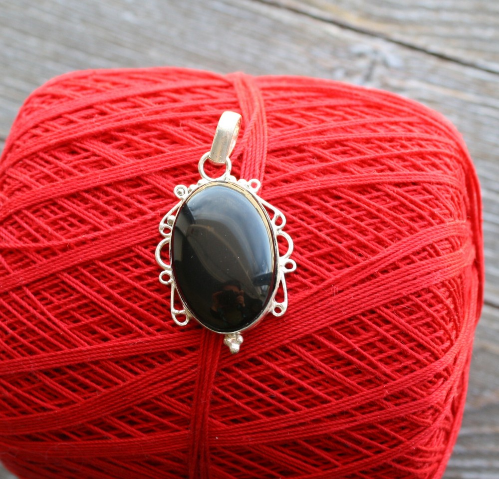 Vintage Black Onyx 925 Sterling Silver Pendant. Tibetan, no chain