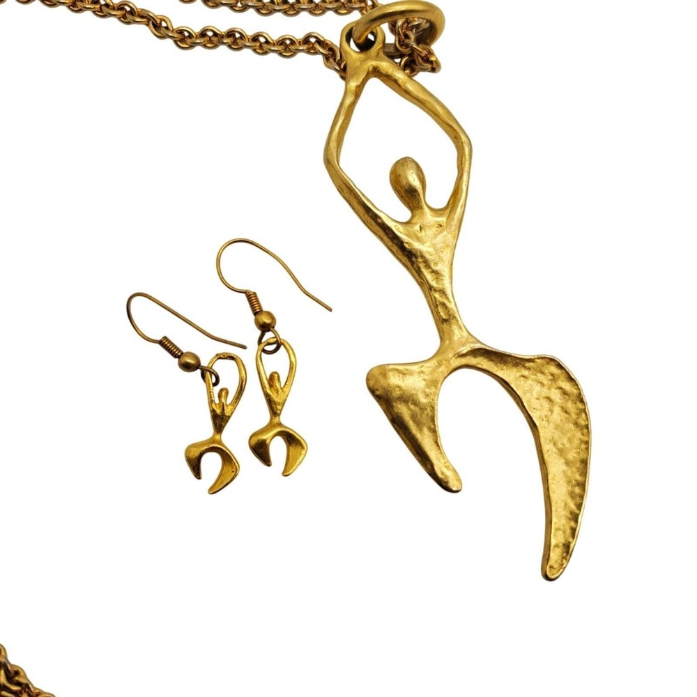 Dancer Pendant Necklace Drop Earrings Hammered Gold Tone Modern Figural Artisan