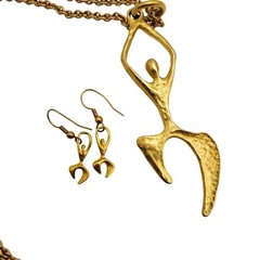 Dancer Pendant Necklace Drop Earrings Hammered Gold Tone Modern Figural Artisan