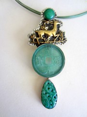 Amy Kahn Russell Deer and Asian Glass Coin Pendant/Pin Wire Necklace
