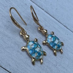 Min Favorit Blue & White Enamel Sea Turtle Gold Pl Artisan Drop Earrings