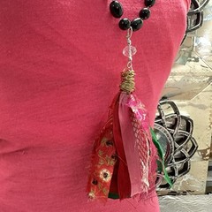 Handmade Sari Silk Tassel Necklace Black Knotted Beads Boho 0749 G