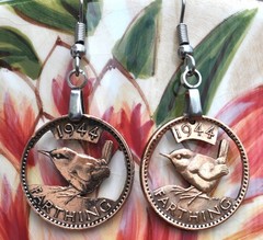 England/UK Wren Bronze Farthing Cut Coin Hook Earrings