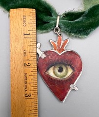 Hand Painted Lovers Eye Sacred Heart Pendant with Green Victorian Velvet Ribbon