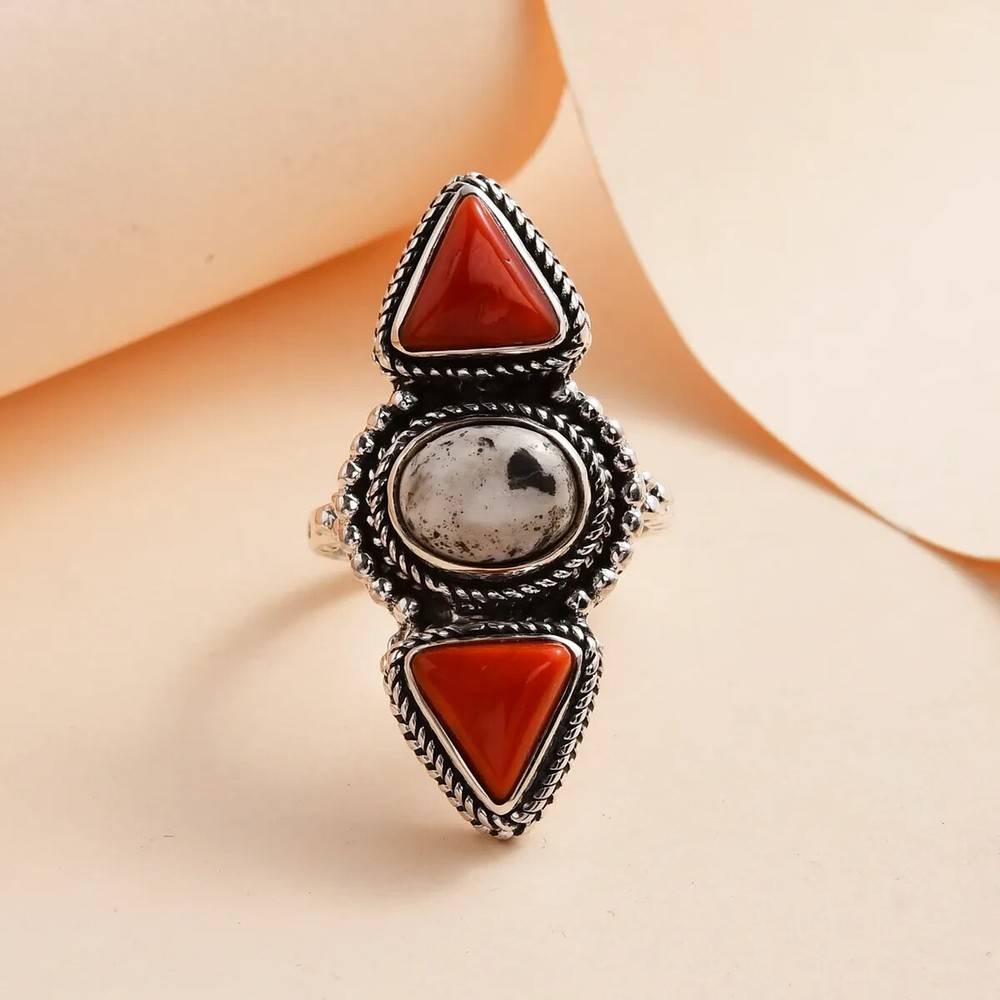 Artisan Crafted White Buffalo and Mediterranean Coral Ring in Sterling Sz 6