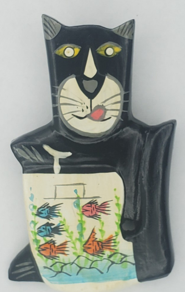 Vintage Hand Painted Folk Art Wooden Black Cat Pin Brooch From One World Goods