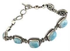 D’JOY Sterling Silver Fleur De Lis Radiant Cut LARIMAR Fancy Multi Link Bracelet