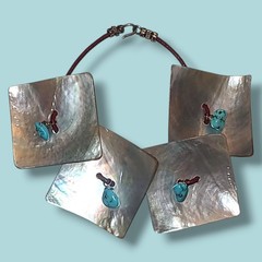 Sterling Silver Shell Turquoise Leather Bracelet Square Panel Artisan 7in
