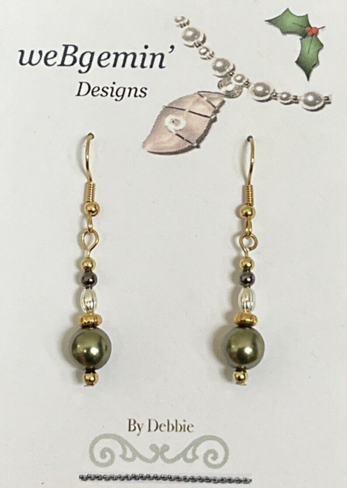 Neutral Colors of Sage Green, Brown and Gold Handcrafted Pearl Earrings WBGG127