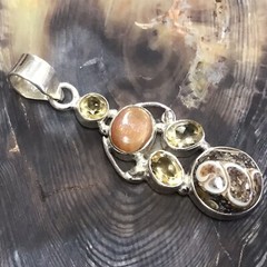 Turritella Agate, Sunstone & Citrine Pendant