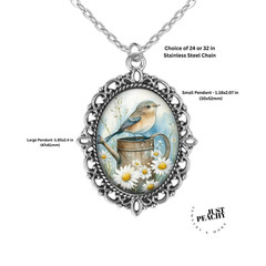 Spring Garden Bluebird Art Master Silver Oval Pendant Necklace Earrings Bracelet