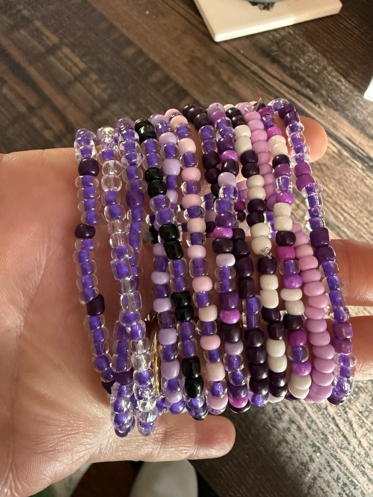 Purple Pink White Black Glass Beaded Stackable Bracelet Set Round Unisex Adults