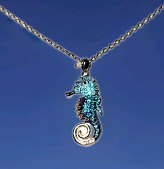 Women Long Seahorse Shanty Blue IRIDESCENT Necklace 1″ pendant New