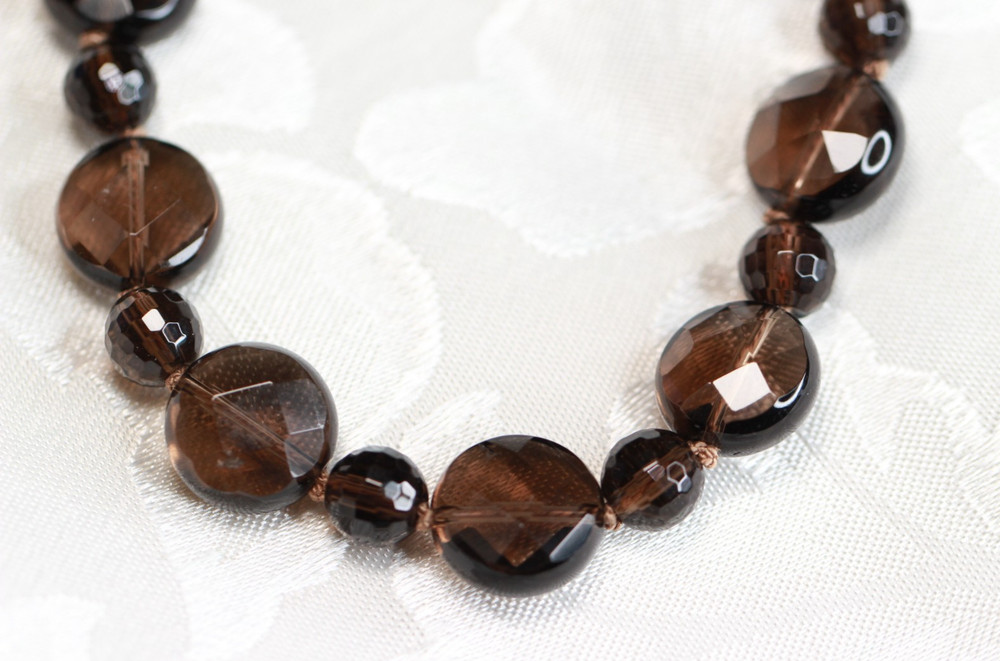 Smoky Quartz Necklace 14mm Coin Natural Gemstone Silk Knotted Hand Tied 22″