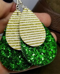 Green Glitter FAUX Leather with Gold Striped FAUX Leather Overlay Earrings