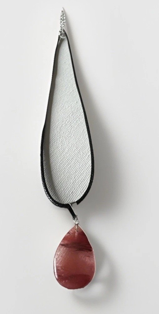 Cherry Quartz Drop Cabachon Silver Tone Necklace Adjustable Cord Jewelry Gift