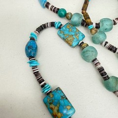 Artisan Beaded Lariat Tassel Necklace Turquoise Tigers Eye Sea Glass Blue Brown