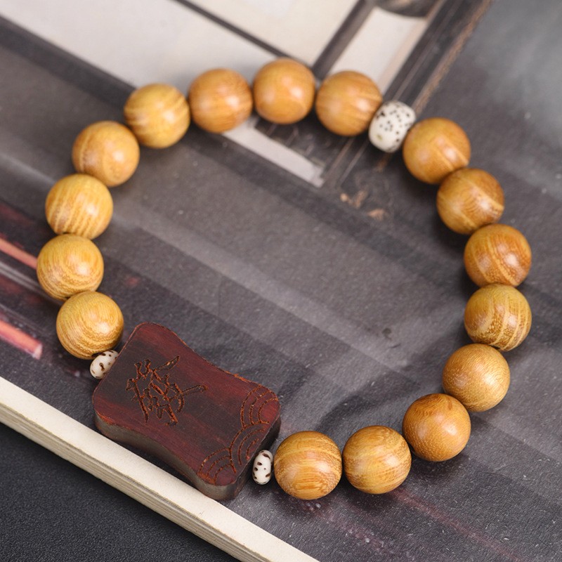 10mm Carved Golden Sandalwood Square Bead Bracelet Buddhist Prayer Beads