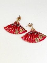 Vintage Japanese Fan Origami Earrings Washi Paper Red