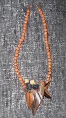 Beaded Wood Wicker Leaf Pendant Necklace, Boho, Brown Beige Black, 14in