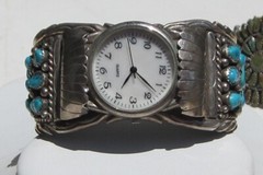 Signed Sterling Silver and Turquoise Watch Cuff Bracelet