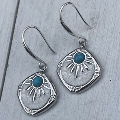 Min Favorit Turquoise & Pearl Enamel Sunburst Charm Silver Artisan Drop Earrings