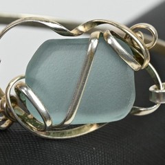Boho Artisan Aqua Wrapped Sea Glass Cuff Bracelet Silver Tone Metal Coastal