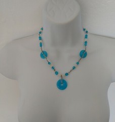 Aqua Beaded Necklace Hand Wrapped Wire Blue and White Beads Handmade Jewelry
