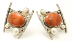 Artisan Sterling Silver Handmade Modernist Sponge Coral Pearl Clip Earrings