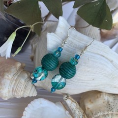 Boho style Teal Earrings Handcrafted Glass Wood Acrylic Sterling Silver