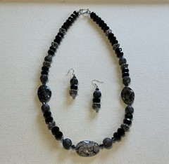 VTG Black Labradorite Agate Beaded Necklace Earring Set Sterling Silver 925 Goth