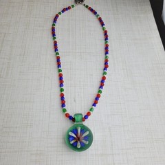 Hand Blown Glass Flower Pendant Necklace Red Blue White Green