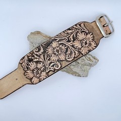 Hand Tooled Leather Cuff Band – Bracelet with Traditional Western Floral Design