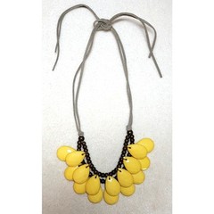 Vintage Boho Yellow Beaded Necklace Gray Suede Chain Tear Drop Cascade Bib