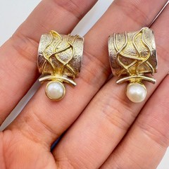 Handmade Pearl Abstract Modernist Brutalist Sterling Silver Earrings Post Backs