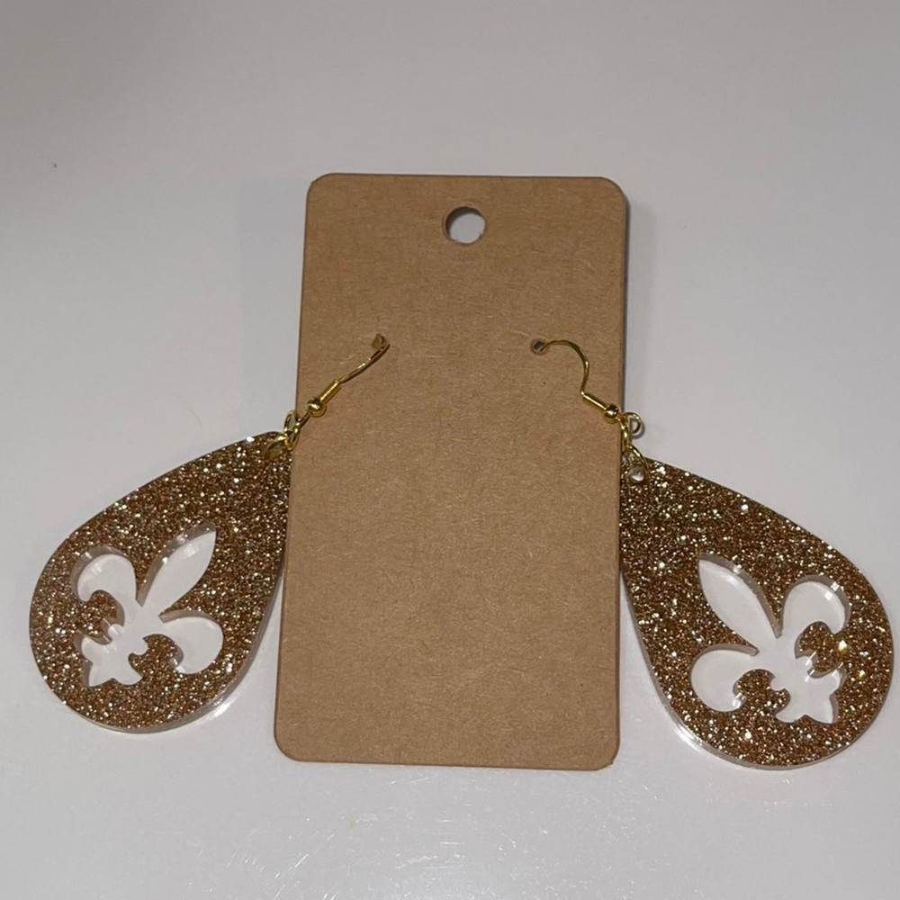 Handmade epoxy resin dangle fleur de lis earrings – gold glitter