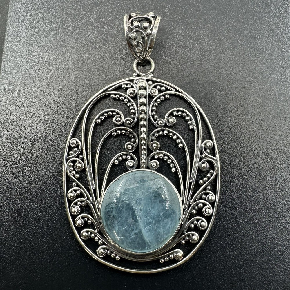 Aquamarine Crystal Bali/Filigree Sterling Silver 925 Oval Pendant #1023