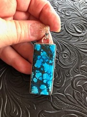 Blue Turquoise Large Rectangular Tab Tag Pendant Shadow Bezel 2.25″ Artisan Made
