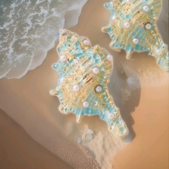Large Statement Earrings, Textured Sea Shell. Stunning Goldtone Faux Pearls