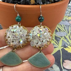 Adorned Crown Jewelry assemblage crystal on filigree green dangle earrings